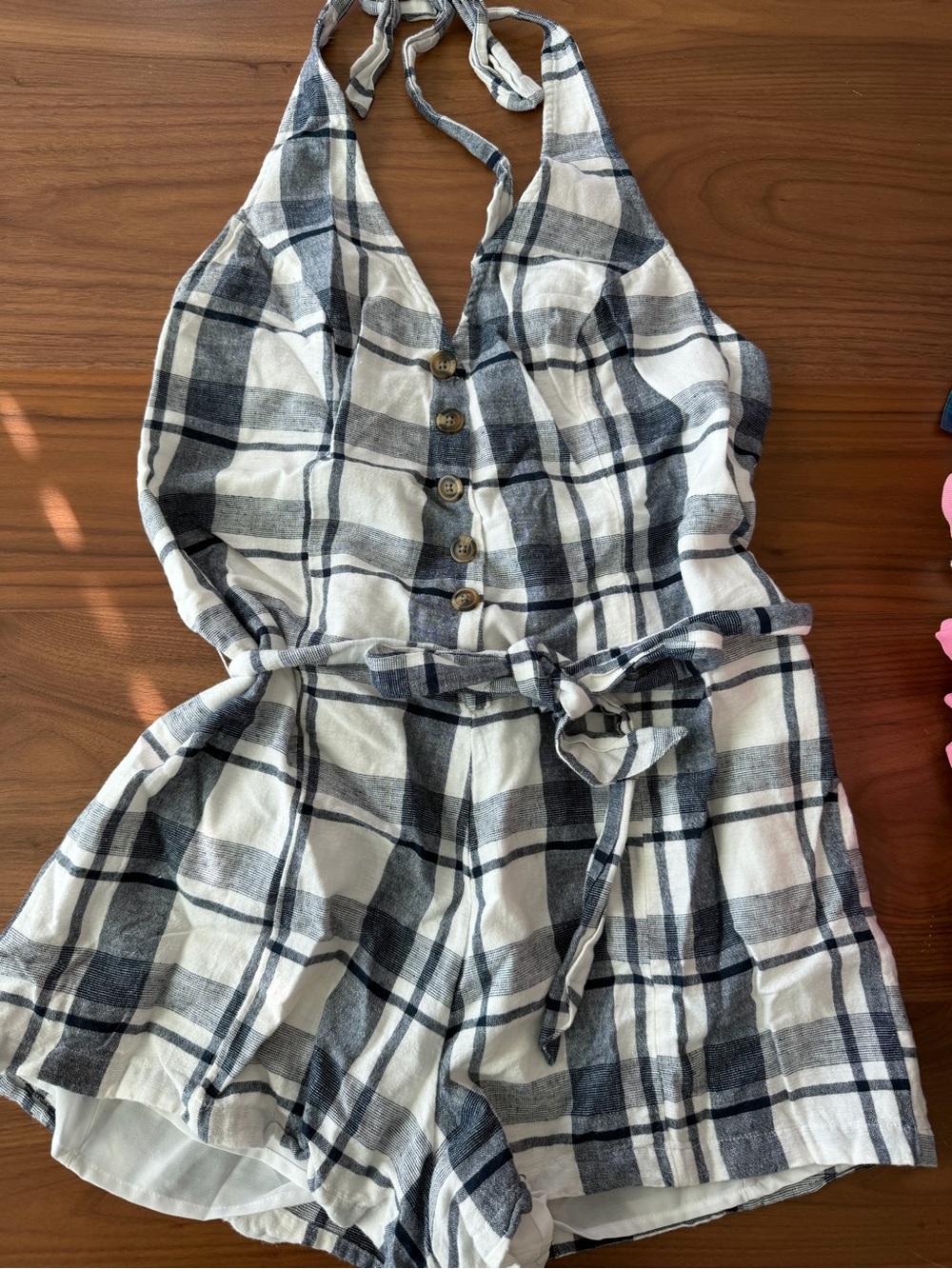 American Eagle dark blue m & White Plaid Halter Romper with Tie Waist
